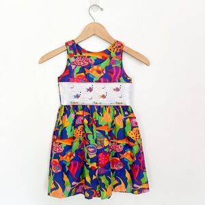 Kids SEE MEASUREMENTS Smocked Art to Wear Abstract Tropical Fish Ecosystem Wide